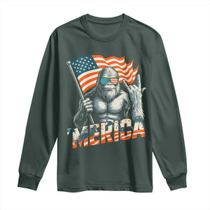 Funny Bigfoot Merica 4th Of July Long Sleeve Shirt American Flag Patriotic Sasquatch TS11 Dark Forest Green Print Your Wear