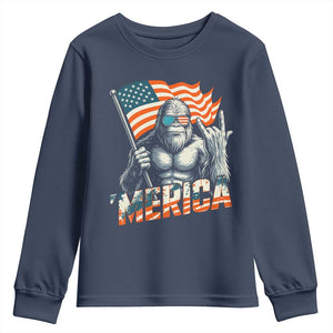 Funny Bigfoot Merica 4th Of July Youth Sweatshirt American Flag Patriotic Sasquatch TS11 Navy Print Your Wear
