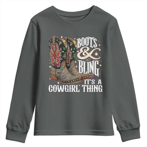 Funny Boots And Bling Its A Cowgirl Thing Youth Sweatshirt Western Country Girl Boots TS11 Dark Heather Print Your Wear
