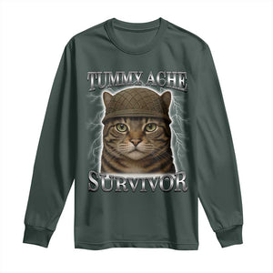 Funny Cat Meme Humor Long Sleeve Shirt Tummy Ache Survivor Lightning Cats Parody TS02 Dark Forest Green Print Your Wear