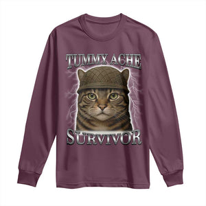 Funny Cat Meme Humor Long Sleeve Shirt Tummy Ache Survivor Lightning Cats Parody TS02 Maroon Print Your Wear