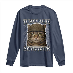 Funny Cat Meme Humor Long Sleeve Shirt Tummy Ache Survivor Lightning Cats Parody TS02 Navy Print Your Wear