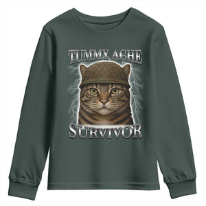 Funny Cat Meme Humor Youth Sweatshirt Tummy Ache Survivor Lightning Cats Parody TS02 Dark Forest Green Print Your Wear