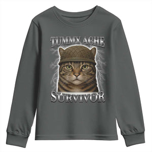 Funny Cat Meme Humor Youth Sweatshirt Tummy Ache Survivor Lightning Cats Parody TS02 Dark Heather Print Your Wear