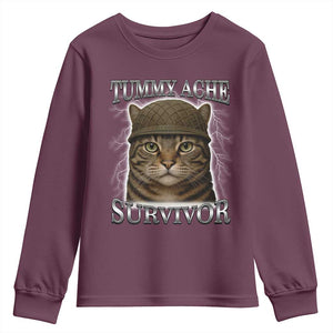 Funny Cat Meme Humor Youth Sweatshirt Tummy Ache Survivor Lightning Cats Parody TS02 Maroon Print Your Wear