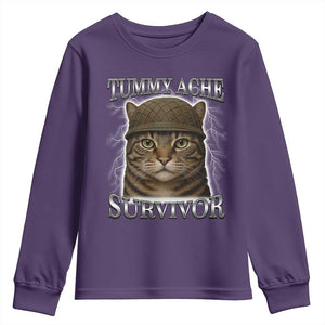 Funny Cat Meme Humor Youth Sweatshirt Tummy Ache Survivor Lightning Cats Parody TS02 Purple Print Your Wear