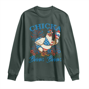 Funny Chicka Boom Boom 4th Of July Long Sleeve Shirt Patriotic Farmers Chicken Lover TS11 Dark Forest Green Print Your Wear