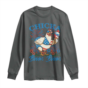 Funny Chicka Boom Boom 4th Of July Long Sleeve Shirt Patriotic Farmers Chicken Lover TS11 Dark Heather Print Your Wear