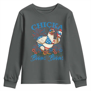 Funny Chicka Boom Boom 4th Of July Youth Sweatshirt Patriotic Farmers Chicken Lover TS11 Dark Heather Print Your Wear