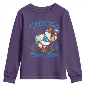 Funny Chicka Boom Boom 4th Of July Youth Sweatshirt Patriotic Farmers Chicken Lover TS11 Purple Print Your Wear