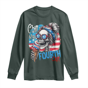 Funny Chill The Fourth Out 4th Of July Long Sleeve Shirt Patriotic Skeleton Popsicle US Flag TS11 Dark Forest Green Print Your Wear