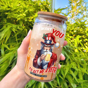 Funny Christmas Beer Glass Can I Want You To Get Me A Beer Santa Uncle Sam TS11 Print Your Wear