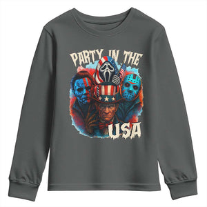 Funny Creepy 4th Of July Party In The USA Youth Sweatshirt 4th Of July Horror Movie Independence Day TS11 Dark Heather Print Your Wear