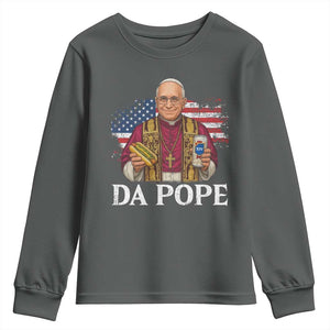 Funny Da Pope America Chicago Leo XIV Youth Sweatshirt Hotdog And Beer TS11 Dark Heather Print Your Wear