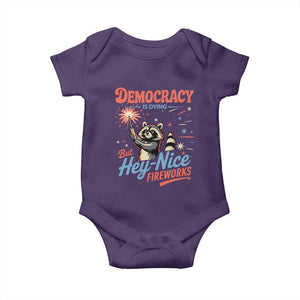Funny Democracy Is Dying But Hey Nice Fireworks Baby Onesie Racoon 4th Of July TS11 Purple Print Your Wear