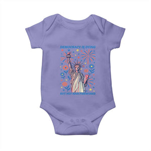 Funny Democracy Is Dying But Hey Nice Fireworks Baby Onesie Statue of Liberty Red and White Patriotic 4th of July TS02 Violet Print Your Wear