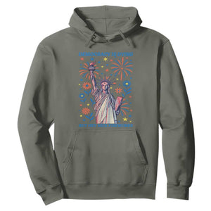 Funny Democracy Is Dying But Hey Nice Fireworks Hoodie Statue of Liberty Red and White Patriotic 4th of July TS02 Military Green Print Your Wear