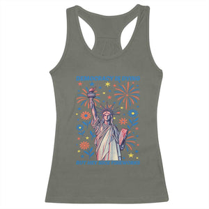 Funny Democracy Is Dying But Hey Nice Fireworks Racerback Tank Top Statue of Liberty Red and White Patriotic 4th of July TS02 Military Green Print Your Wear