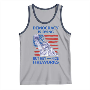 Funny Democracy Is Dying But Hey Nice Fireworks Tank Top Statue of Liberty Patriotic 4th of July American Flag TS02 Athletic Heather Navy Print Your Wear