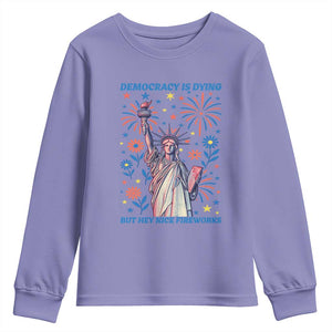 Funny Democracy Is Dying But Hey Nice Fireworks Youth Sweatshirt Statue of Liberty Red and White Patriotic 4th of July TS02 Violet Print Your Wear