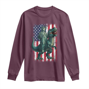 Funny Dinosaur Statue Of Liberty 4th Of July Long Sleeve Shirt American Flag TS11 Maroon Print Your Wear