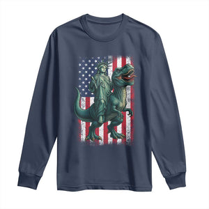 Funny Dinosaur Statue Of Liberty 4th Of July Long Sleeve Shirt American Flag TS11 Navy Print Your Wear