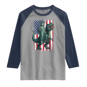 Funny Dinosaur Statue Of Liberty 4th Of July Raglan Shirt American Flag TS11 Sport Gray Navy Print Your Wear
