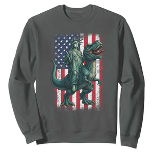 Funny Dinosaur Statue Of Liberty 4th Of July Sweatshirt American Flag TS11 Dark Heather Print Your Wear