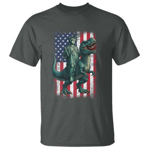 Funny Dinosaur Statue Of Liberty 4th Of July T Shirt American Flag TS11 Dark Heather Print Your Wear