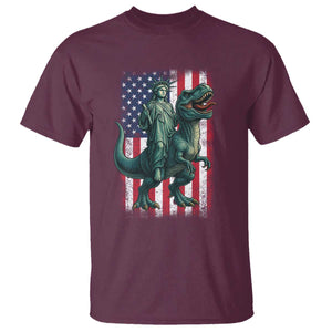 Funny Dinosaur Statue Of Liberty 4th Of July T Shirt American Flag TS11 Maroon Print Your Wear
