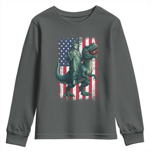Funny Dinosaur Statue Of Liberty 4th Of July Youth Sweatshirt American Flag TS11 Dark Heather Print Your Wear