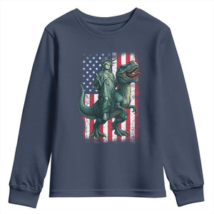 Funny Dinosaur Statue Of Liberty 4th Of July Youth Sweatshirt American Flag TS11 Navy Print Your Wear