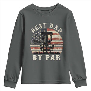 Funny Disc Golf Dad Best Dad By Par Youth Sweatshirt Vintage American Flag Fathers Day TS11 Dark Heather Print Your Wear