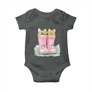 Funny Easter Day Gardening Baby Onesie Gardener Boots Bunny Ears Colorful Eggs TS11 Dark Heather Print Your Wear
