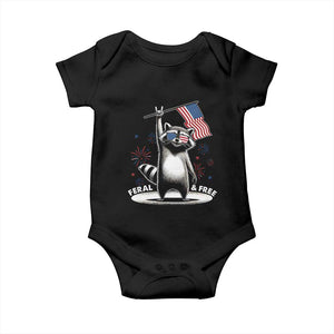 Funny Feral And Free Baby Onesie 4th of July Patriotic Raccoon With American Flag Fireworks TS11 Black Print Your Wear