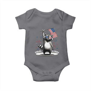 Funny Feral And Free Baby Onesie 4th of July Patriotic Raccoon With American Flag Fireworks TS11 Charcoal Print Your Wear