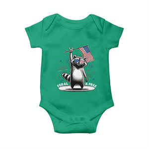 Funny Feral And Free Baby Onesie 4th of July Patriotic Raccoon With American Flag Fireworks TS11 Irish Green Print Your Wear