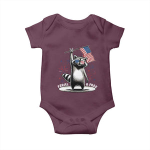 Funny Feral And Free Baby Onesie 4th of July Patriotic Raccoon With American Flag Fireworks TS11 Maroon Print Your Wear