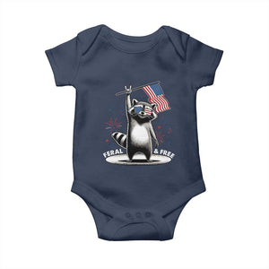 Funny Feral And Free Baby Onesie 4th of July Patriotic Raccoon With American Flag Fireworks TS11 Navy Print Your Wear