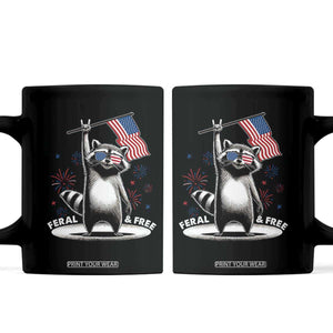 Funny Feral And Free Coffee Mug 4th of July Patriotic Raccoon With American Flag Fireworks TS11 Black Print Your Wear