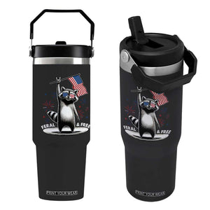 Funny Feral And Free Flip Straw Tumbler 4th of July Patriotic Raccoon With American Flag Fireworks TS11 One Size: 30 oz Black Print Your Wear