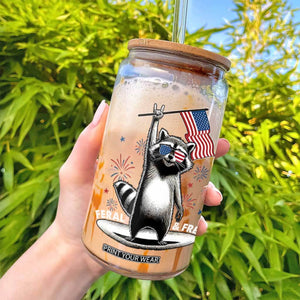 Funny Feral And Free Glass Can 4th of July Patriotic Raccoon With American Flag Fireworks TS11 Print Your Wear