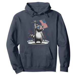 Funny Feral And Free Hoodie 4th of July Patriotic Raccoon With American Flag Fireworks TS11 Navy Print Your Wear