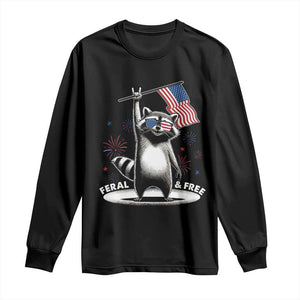 Funny Feral And Free Long Sleeve Shirt 4th of July Patriotic Raccoon With American Flag Fireworks TS11 Black Print Your Wear
