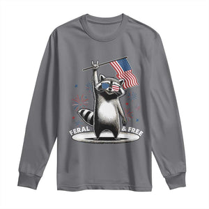 Funny Feral And Free Long Sleeve Shirt 4th of July Patriotic Raccoon With American Flag Fireworks TS11 Charcoal Print Your Wear