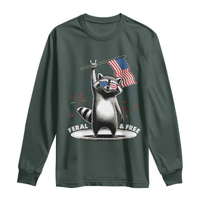 Funny Feral And Free Long Sleeve Shirt 4th of July Patriotic Raccoon With American Flag Fireworks TS11 Dark Forest Green Print Your Wear