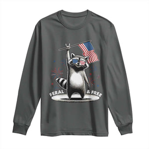 Funny Feral And Free Long Sleeve Shirt 4th of July Patriotic Raccoon With American Flag Fireworks TS11 Dark Heather Print Your Wear