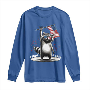 Funny Feral And Free Long Sleeve Shirt 4th of July Patriotic Raccoon With American Flag Fireworks TS11 Royal Blue Print Your Wear