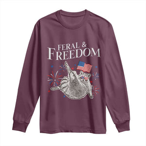 Funny Feral And Free Long Sleeve Shirt 4th of July Patriotic Raccoon With American Flag TS11 Maroon Print Your Wear