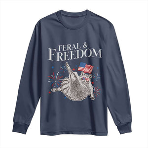 Funny Feral And Free Long Sleeve Shirt 4th of July Patriotic Raccoon With American Flag TS11 Navy Print Your Wear